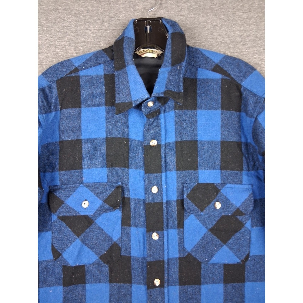 VTG Cabelas Mens Shirt M Blue Buffalo Plaid Wool Shacket Lumberjack PNW Heritage